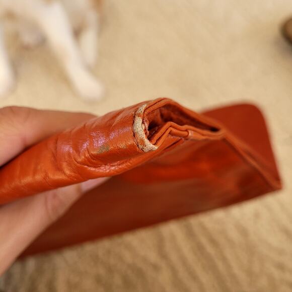 Vtg Leather Clutch Orange With Embellished Flower - Picture 8 of 8